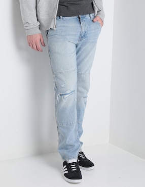 Jeans Straight Lavado Desgastado Para Hombre