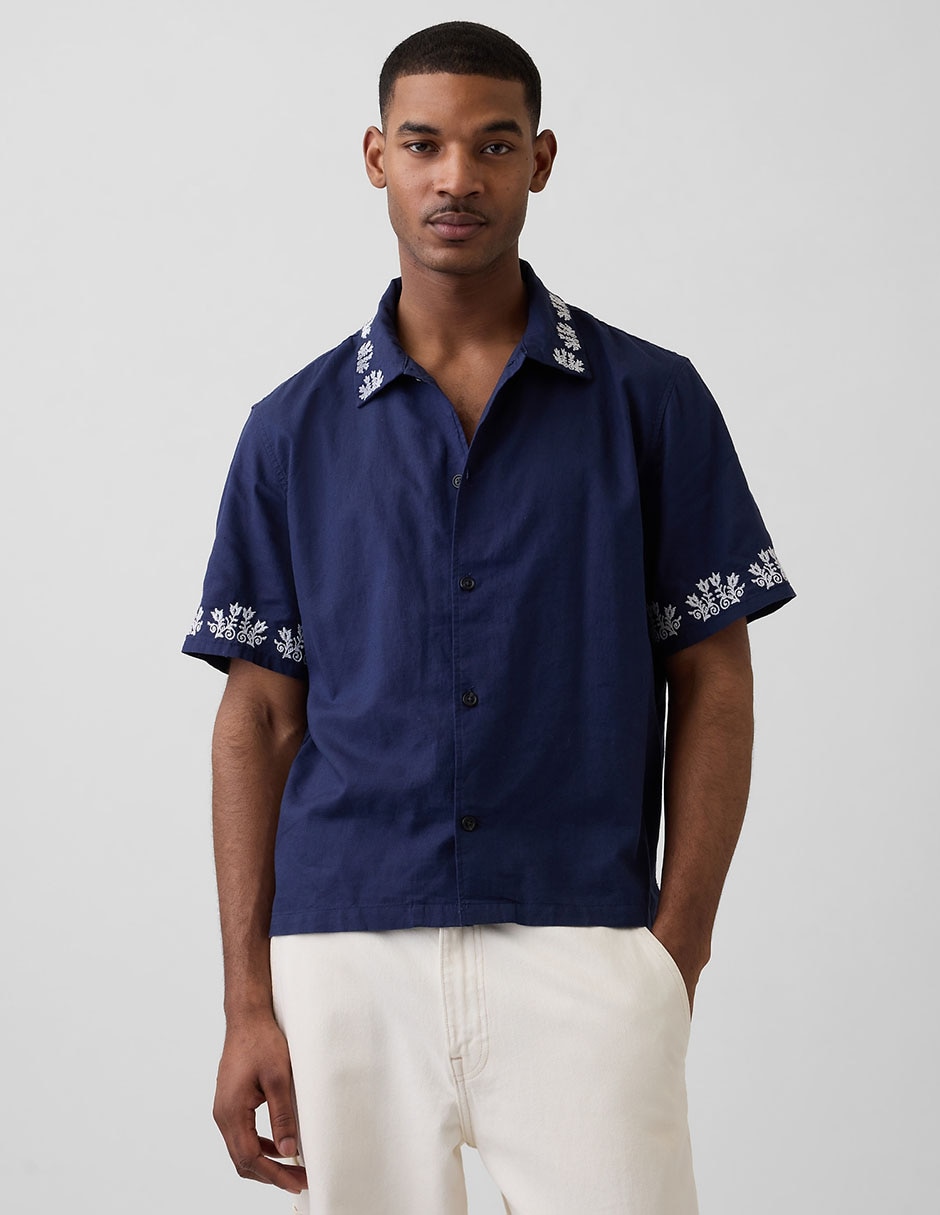 Camisa playa de lino manga corta para hombre